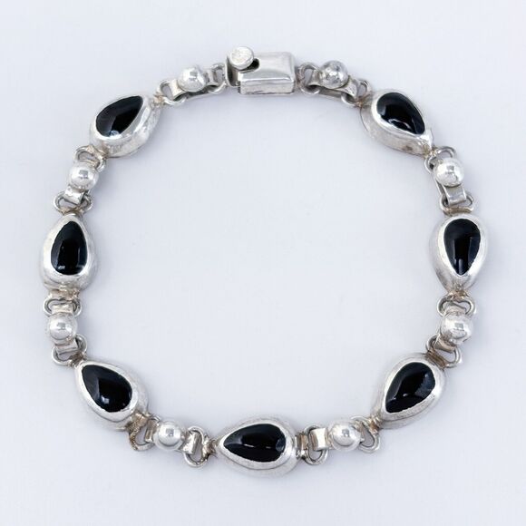 Vintage Mexico Sterling Silver 925 Onyx Teardrop Bracelet 7.75" - Picture 3 of 7